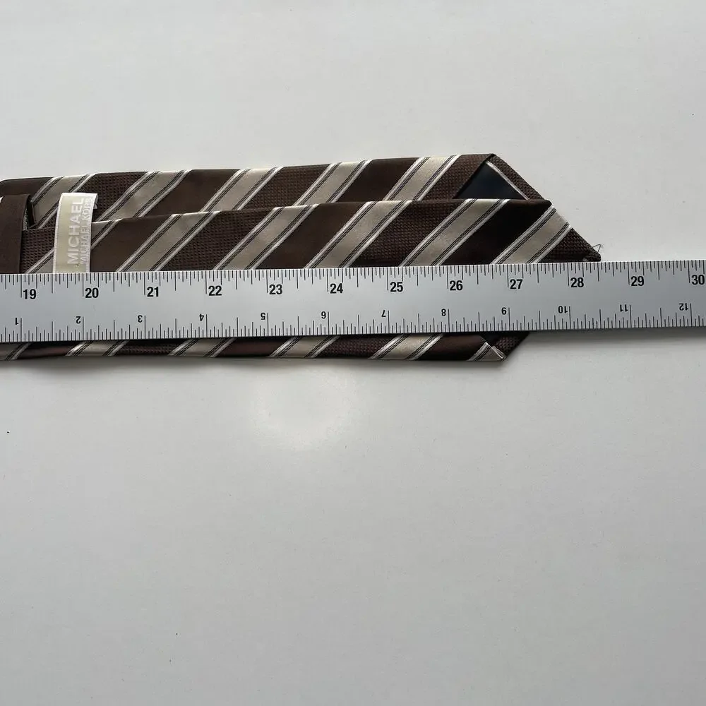 MICHAEL KORS MEN’S TIE BROWN WITH GOLD WHITE STRIPES 100% SILK 3.5 X 59 Corpcore
